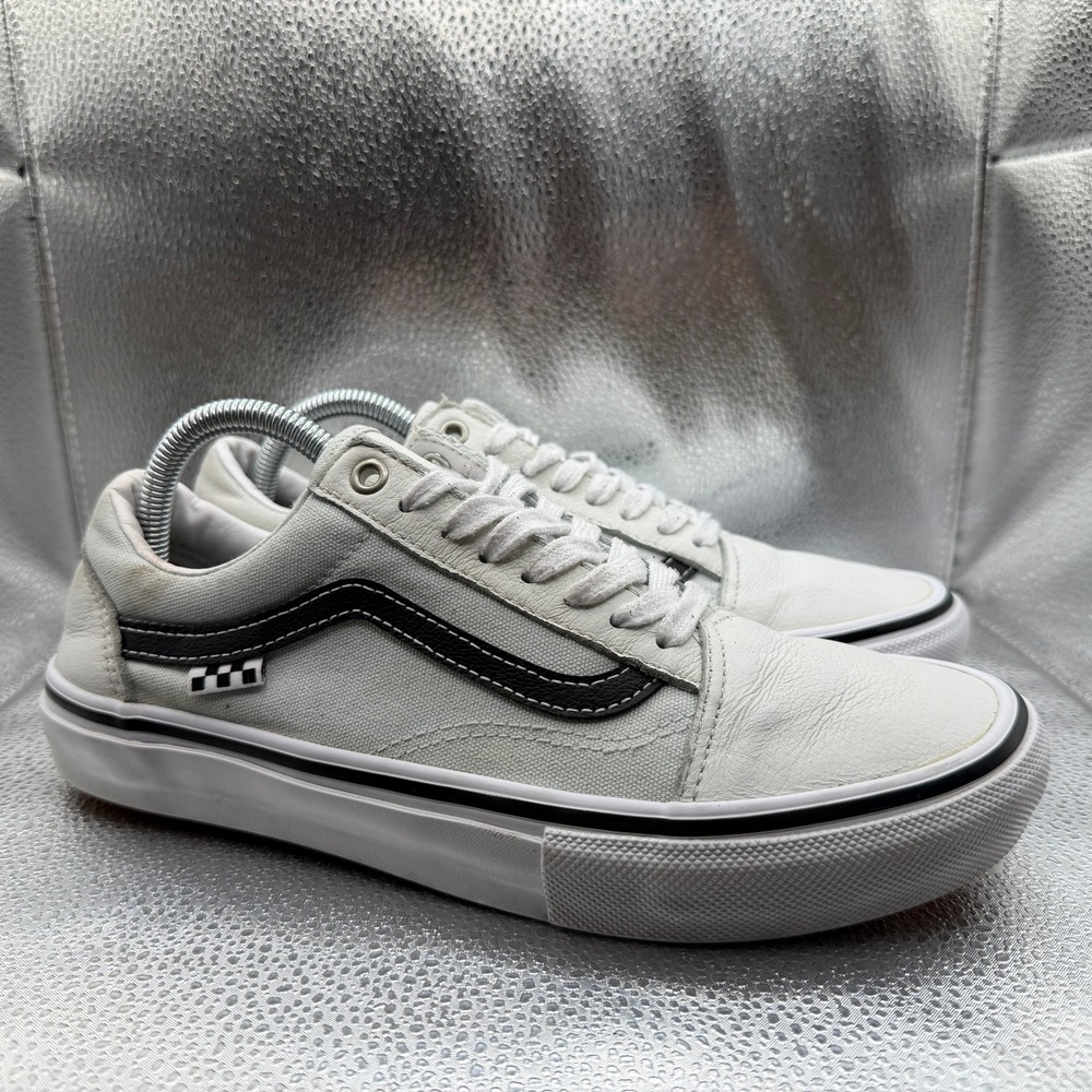 Size 8.5 Vans Skate Old Skool Sneakers Mens White Good Low Top Leather Canvas